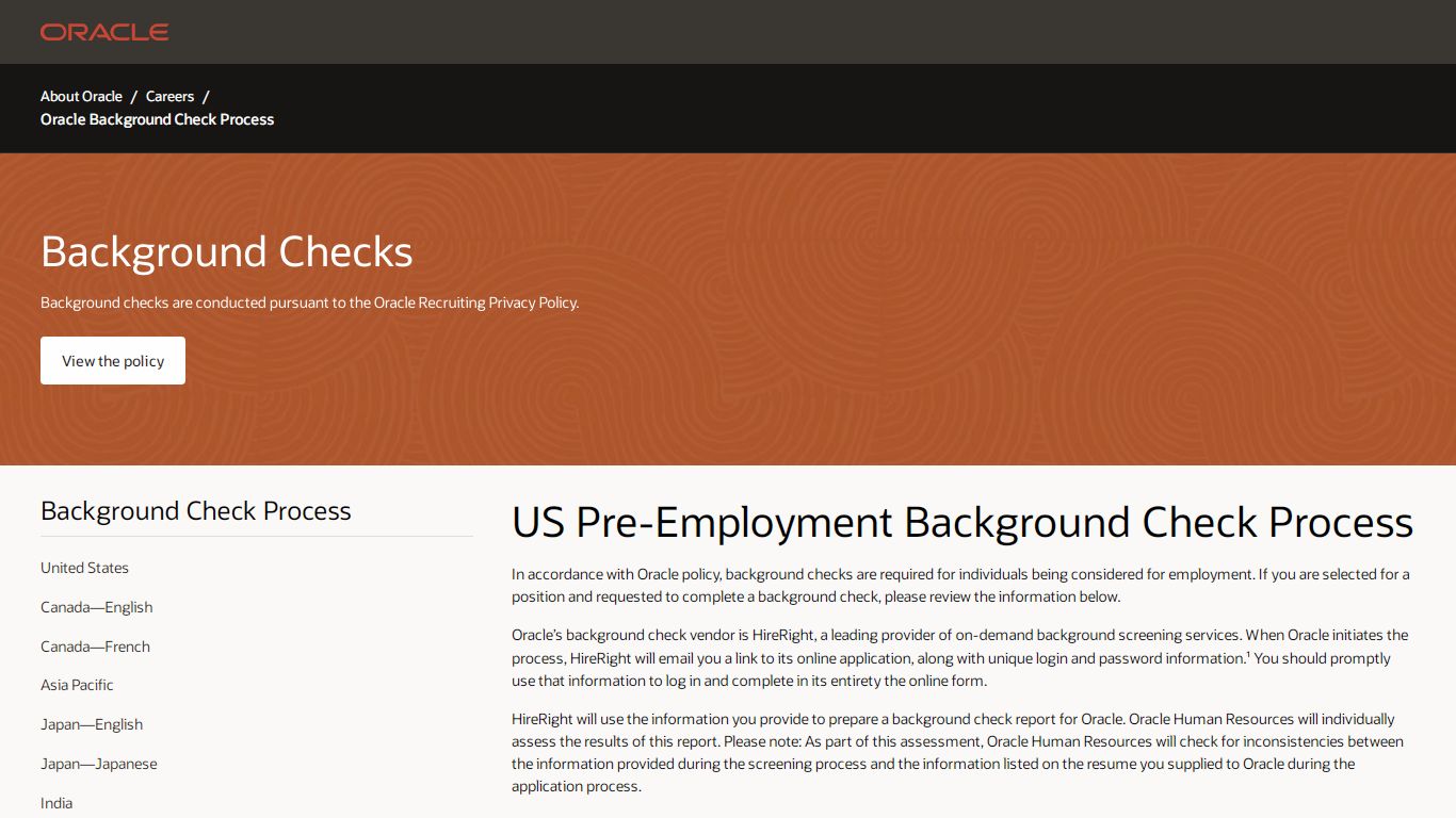 Background Check Process | Oracle